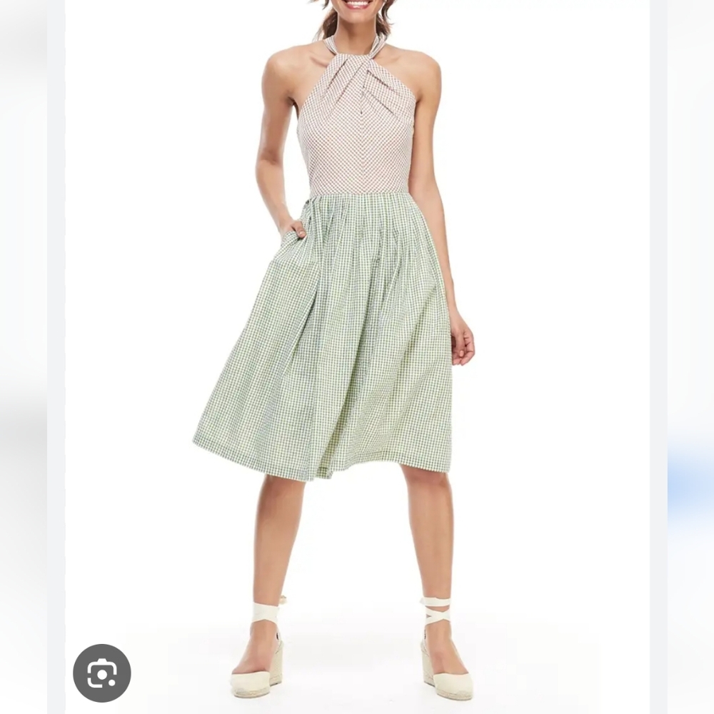 Gal Meets Glam Gingham Colorblock X-Back Pleated Halter Dress